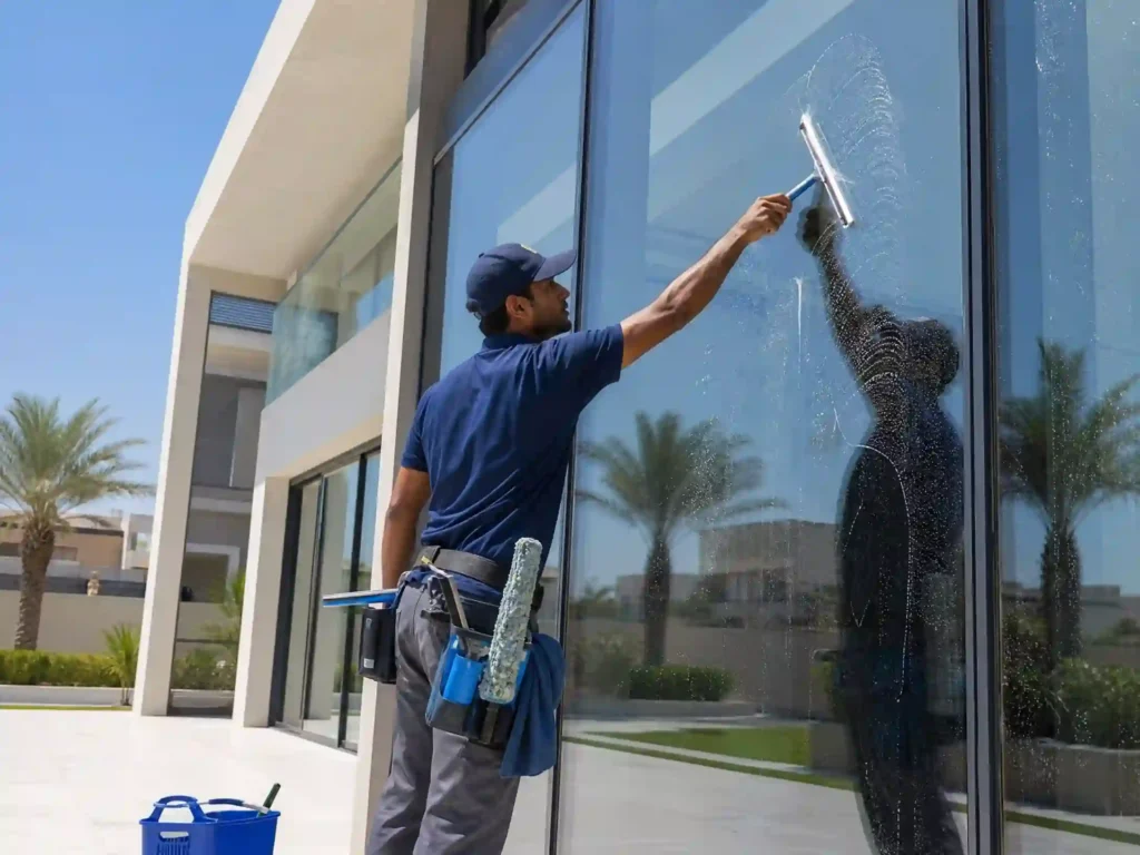 تنظيف واجهات زجاجية ونوافذ لفلل عجمان لضمان اللمعان والشفافية التامة بعد البناء