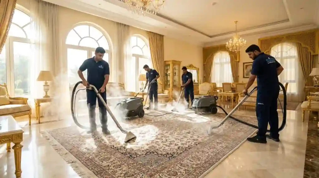 فريق شركة قصور الإمارات يقوم بتنظيف سجاد فاخر بالبخار داخل فيلا في الإمارات