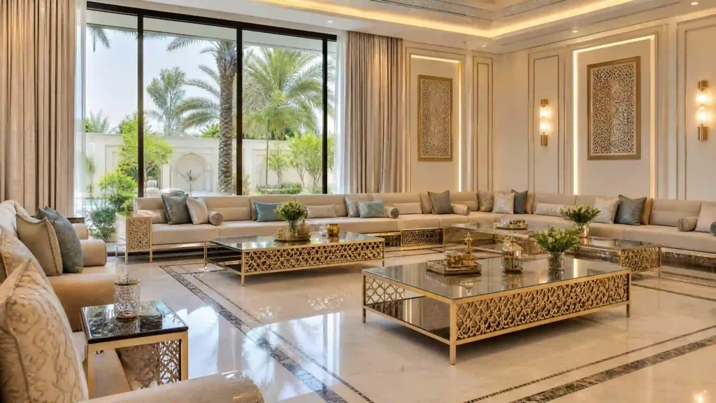 فني من شركة قصور الإمارات ينظف مجلسًا فاخرًا داخل فيلا باستخدام جهاز البخار